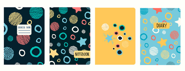 Set of cover page templates with stars, planets, celestial bodies in cartoon style. Based on seamless patterns. Headers isolated and replaceable. Perfect for school notebooks, notepads, diaries, etc