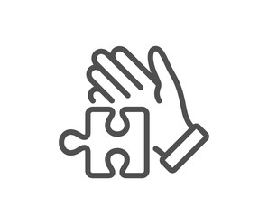 Puzzle line icon. Hand with Jigsaw piece sign. Business challenge symbol. Quality design element. Linear style puzzle icon. Editable stroke. Vector