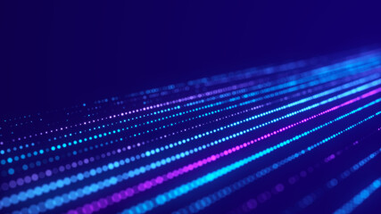 Obraz premium Digital background with moving glowing particles. Futuristic hi-tech illustration. Concept of data transfer in cyberspace. Big data visualization. 3d rendering.