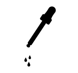 Icon depicting a pipette and three drops. Black and white vector illustration.