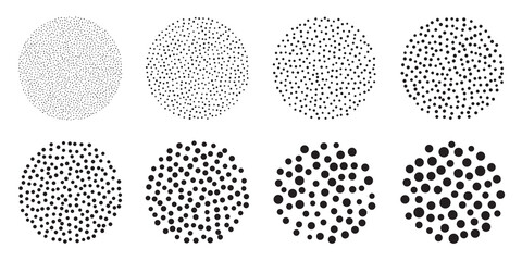 Dotwork stipple circles brush set. Stain noise vector pattern. Black grain effect with stipple dots. Abstract grunge dots pattern. Stochastic dotted texture. Vector dotwork brush for background.