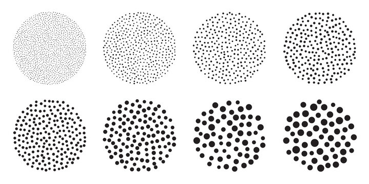 Dotwork stipple circles brush set. Stain noise vector pattern. Black grain effect with stipple dots. Abstract grunge dots pattern. Stochastic dotted texture. Vector dotwork brush for background.