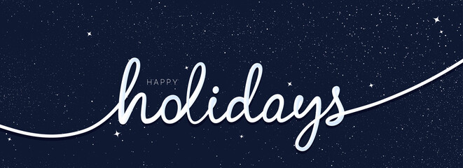 Fototapeta na wymiar Happy holidays continuous line. Night sky with stars pattern. Greeting card with holidays handwriting word. Happy Christmas, New Year banner concept. Hand lettering script with line. Universe vector