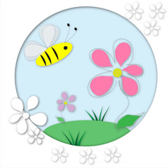 Card with bee and flowers, illustration