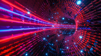 inside an abstract 3D tunnel with neon stripes. colorful background. 3d render illustration