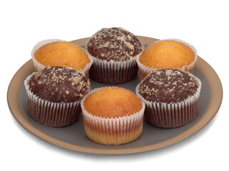 Six muffins on a plate and on a white background