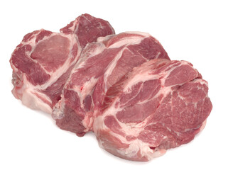 Three raw pork neck meat cuts on a white