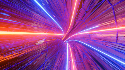 inside an abstract 3D tunnel with neon stripes. colorful background. 3d render illustration