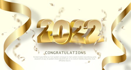 Happy New Year 2022. Golden 3D numbers with ribbons and confetti on a white background.