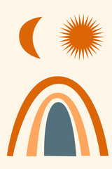 Rainbow pattern background. Cartoon rainbow arch boho minimalist print for design baby shower invitation, kid shop tag, girl t shirt print etc.