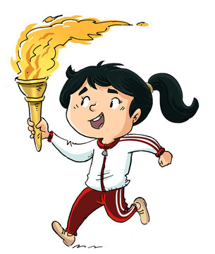 Illustration of girl running with olympic torch