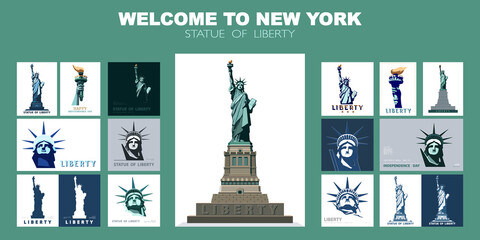 Statue of Liberty set of green design templates. Banner, geometric colorful flat design. Welcome to New York. Booklet, album poster. Ad text name. X-banner. Information banner, vector illustration © VASYL