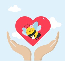 little happy bee in the hands of a man against the background of the heart