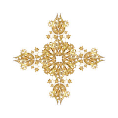 Snowflake icon, isolated on white background with golden elements