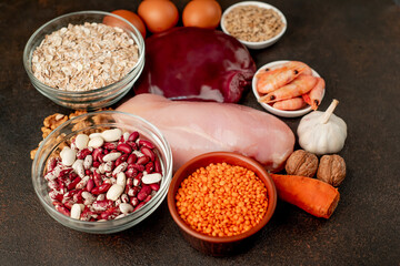 Zinc-rich foods on a stone background, Healthy sources of zinc.