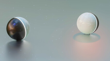 black and white spheres with a luminous white stripe in the middle. abstract three-dimensional composition. 3d render illustration