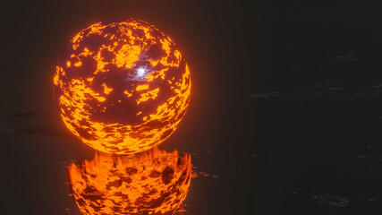 3D dark sphere with glowing orange texture on a dark background. 3d render illustration