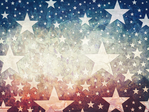 July 4th Background Or Memorial Day Background With Grunge Texture, Old Vintage Faded Stars With Wood Grain On Distressed Red White And Blue Background, Worn Aged Grungy Star Design Pattern