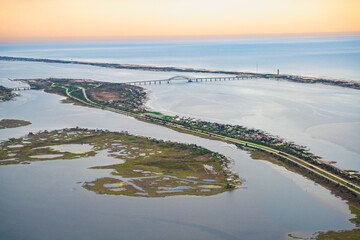 Ariel view of Long Island New York at Jones Beach State Park with parkways in view