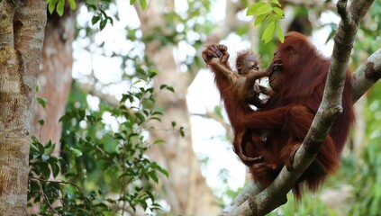  little Orang-Outang with his mother in Borneo's Forest