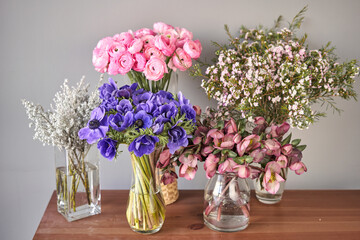 Set of white, pink and magenta flowers for Interior decorations. The work of the florist at a flower shop. Fresh cut flower.
