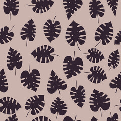 Seamless pattern with dark tropical monstera leaves on a pastel dusty purple background. Vector, eps 10.