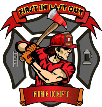 Fire Department Cross includes fireman in helmet with firefighter's axes
