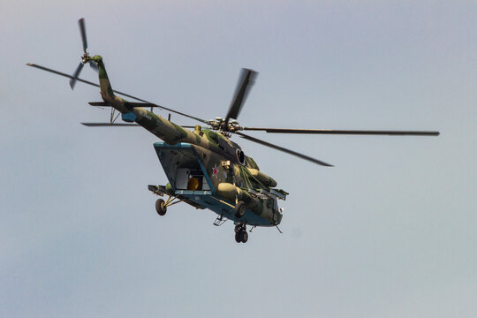 Vladivostok, Russia - September,18,2018: Russian Soviet multi-purpose helicopter MI-8 in exercises for landing in water.