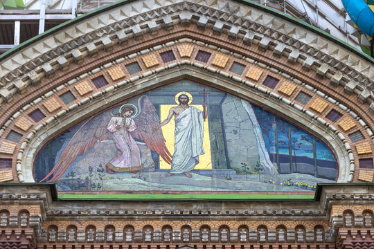 St.Petersburg, Russia - March 27, 2021: Mosaic images of saints on the walls of the Cathedral of the Savior on Spilled Blood in St. Petersburg.