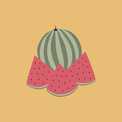 Fresh watermelon and slices of watermelon on yellow background. Fruit vector illustration.