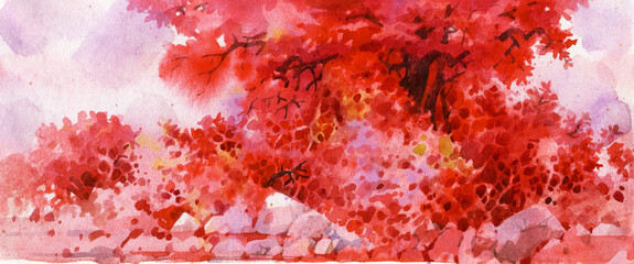 Een boom met rood blad. Rood landschap geschilderd in aquarel. Kleurrijk decoratief landschap. Mooie achtergrond van bomen.