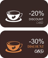Cup of coffee. Set of  coffee discount loyalty cards,coupon,voucher for coffee shop or cafe with coffee cup. Deep brown background.