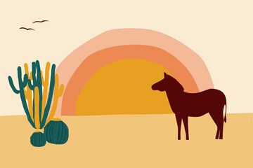 Naklejka premium African landscape. Abstract minimalist desert and cactus pattern background for design travel agency flyer, souvenir shop tag, t shirt print etc