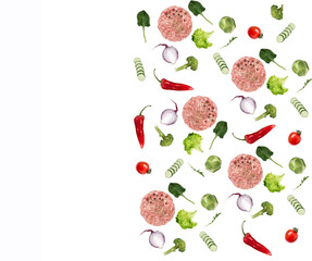 Pattern with ingredients with raw beef cutlets on a white plate. Mockup grocery background