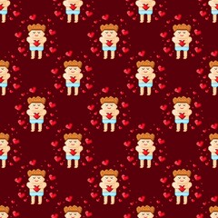 A child hugging a heart in pixel art. Vector illustration. Valentine's Day. Seamless pattern.