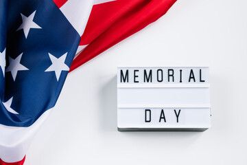 USA Memorial Day concept. American flag and text on white background. Celebration of national holiday.