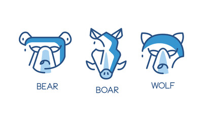 Animal Logo Design Set, Abstract Badges with Bear, Boar, Wolf Heads Vector Illustration