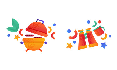 Camping Equipment Set, BBQ Grill and Binoculars Flat Vector Illustration