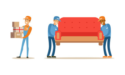 Male Courier Carrying Boxes and Sofa Set, Delivery Men Characters in Uniform Delivering Parcels to Clients Cartoon Vector Illustration