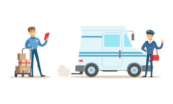 Male Courier Characters Set, Delivery Men in Uniform Delivering Parcels Cartoon Vector Illustration