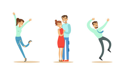 Happy People Set, Young Man and Woman Wearing Casual Clothes Celebrating Success Cartoon Vector Illustration