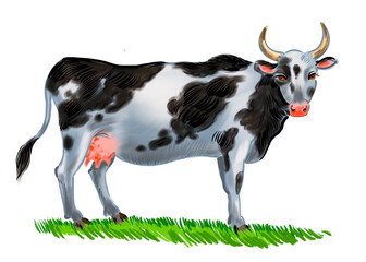 Grazing cow on green grass. Digital illustration
