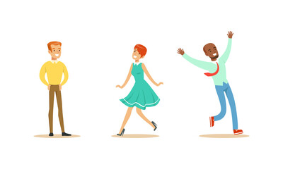 Happy People, Set of Joyful Man and Woman Wearing Casual Clothes Celebrating Success Cartoon Vector Illustration