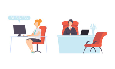 Business People Working in Office Set, Office Workers Working on Computers Flat Vector Illustration