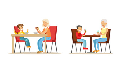 Grandparents and Grandchildren Set, Grandma and Grandson Drinking Tea and Talking to Each Other Cartoon Vector Illustration