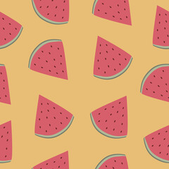 Slices of watermelon on yellow background. Fruit seamless pattern.