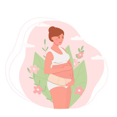 A pregnant woman with a bandage supporting her stomach on a background of leaves. The concept of health, motherhood, and preparation for childbirth. Vector illustration in a flat style