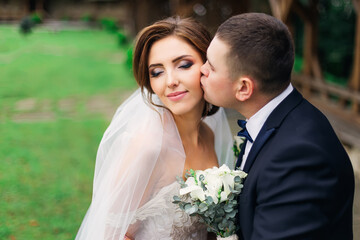 the groom kisses the beautiful bride on the cheek. wedding in nature on the background of wooden...