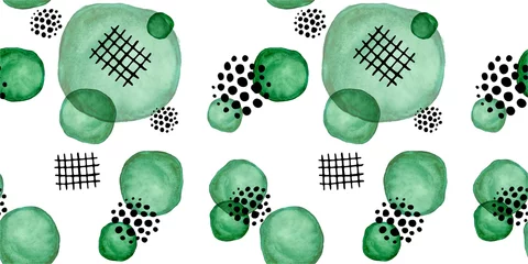 Tapeten Kinderzimmer nahtloses Muster, schwarze geometrische Kritzeleien auf einem Hintergrund von hellen Aquarellgrünflecken. Kritzeleien und Aquarell stilisiertes Laub, handgezeichnet. Kinderkritzeleien und Grün