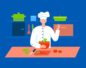 The cook stands with a bowl of salad and shows the OK sign. Kitchen, table, pots and oven. Flat
